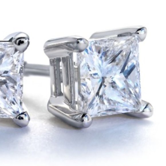 Isaac Mizrahi Princess cut diamond stud double prong silver earring - Picture 2 of 8